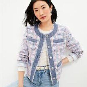 Loft Womens M Crop Tweed Blazer Jacket 4 Pocket Denim Trim Lined Frayed Career